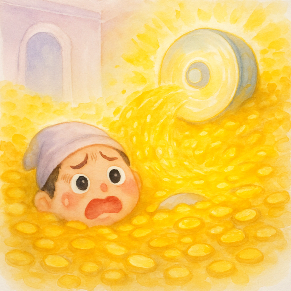 동생의 집에서 요술 맷돌이 계속 돌아가며 금이 쏟아져 나와 방 안 가득 쌓이고, 동생이 금 더미에 파묻히는 장면